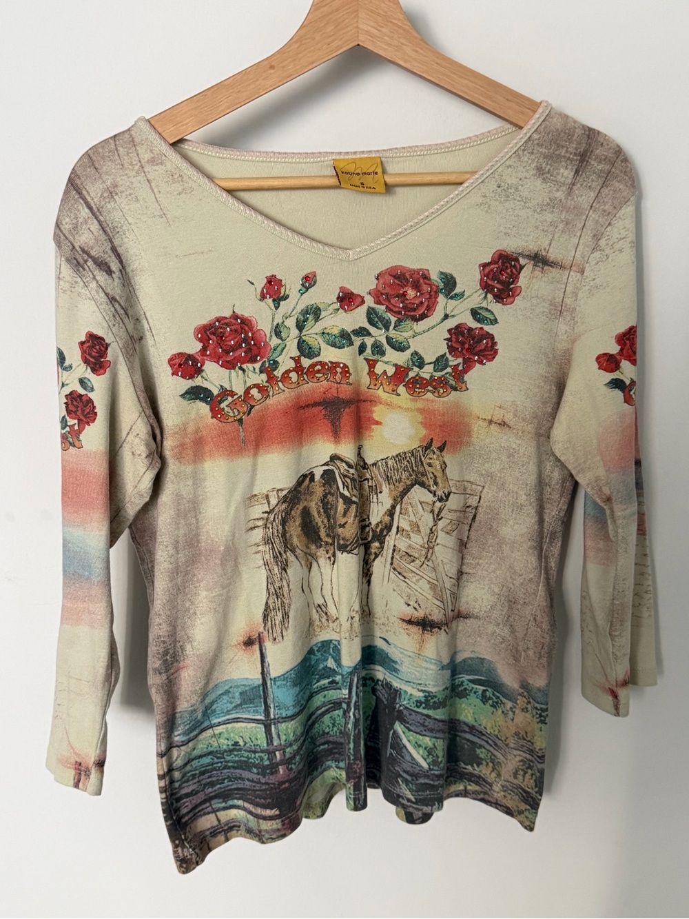 Y2k Katina Marie Floral Horse V-Neck Long Sleeve Top - Cream